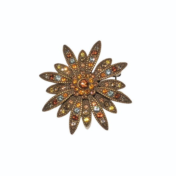 JOAN RIVERS SMALL AUTUMN COLORED CRYSTAL SUNBURST FLOWER BROOCH - Picture 6 of 14